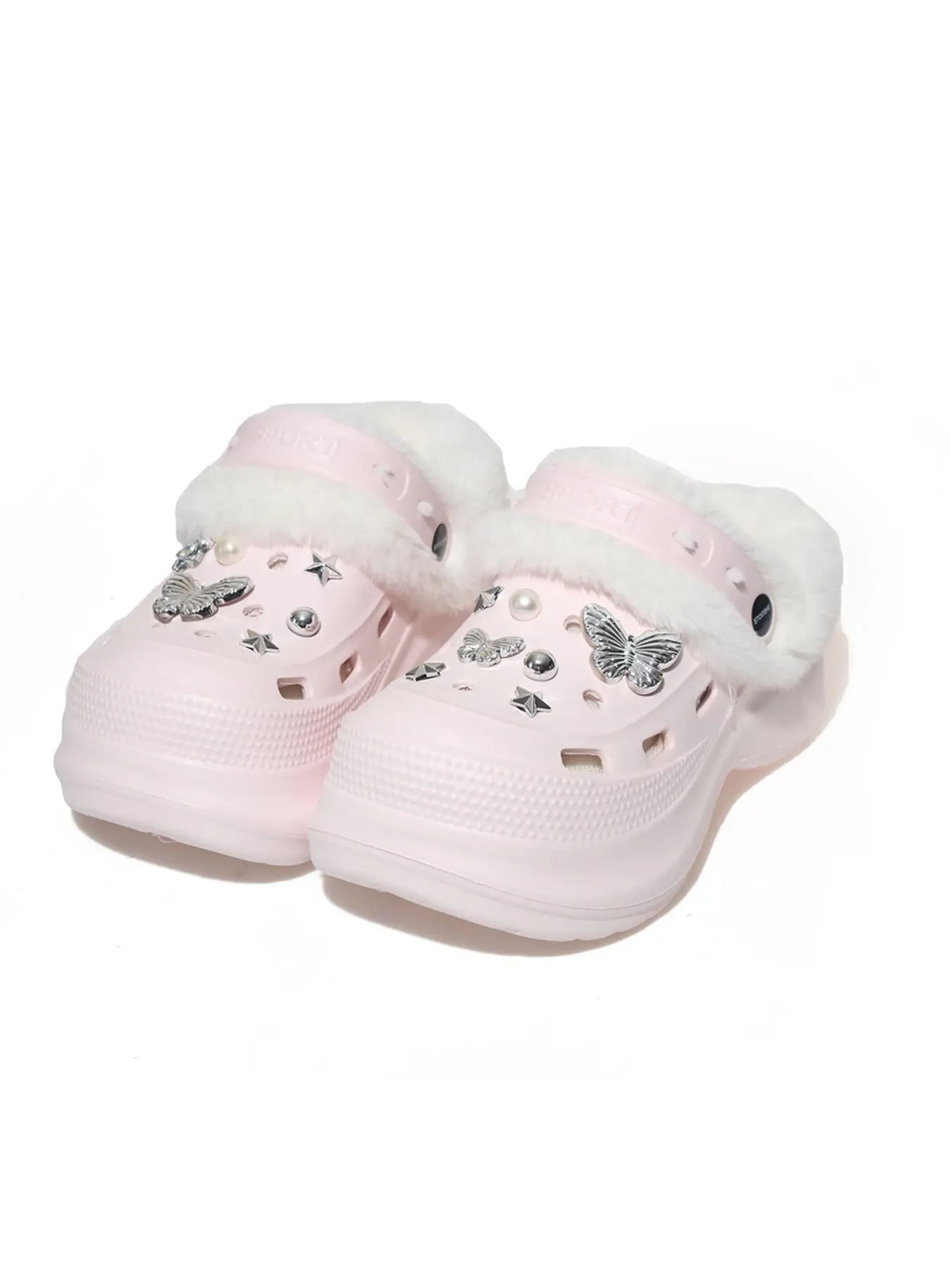 For Young Student Girls, Slim Versatile Winter Furry Lined Clogs, Hollow Vents, 3D Charms, Thick Plush Lining, One-piece EVA, Women Warm Clogs for Daily Street Fall Winter Footwear