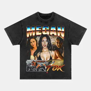Retro Multi Portrait Collage Megan Fox Top Gradient "MEGAN" Letter Bottom Cursive "Fox" + Motorcycle Scene Graphic Full Front Vintage Washed Black Oversized Heavyweight Cotton Streetwear T-Shirt, Unisex Hollywood Celebrity Fan Apparel