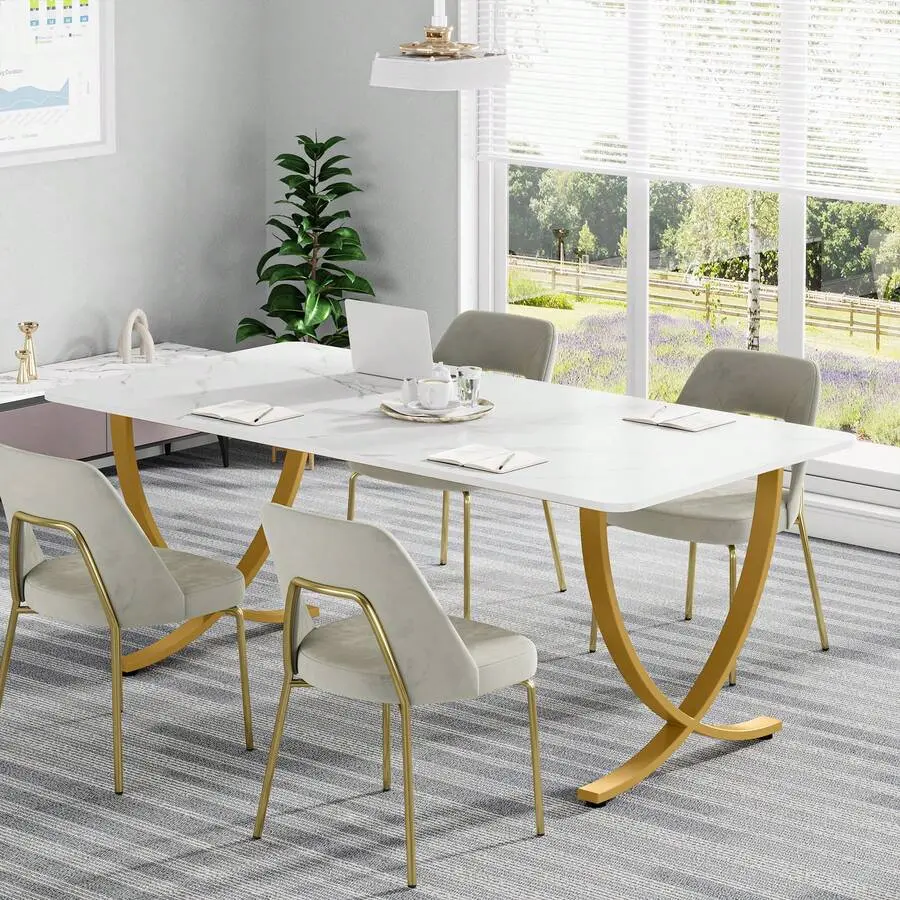 63" W X 31.5" D Large Executive Office Desk, Modern Computer Desk & Conference Table, White And Gold Meeting Room Furniture, Multipurpose Business Desk Home Office