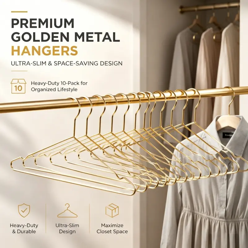 Luxury Golden Wire Metal Clothing Hangers 10 Pack Durable Sturdy Anti Bend Space Saving Closet Garment Organizer