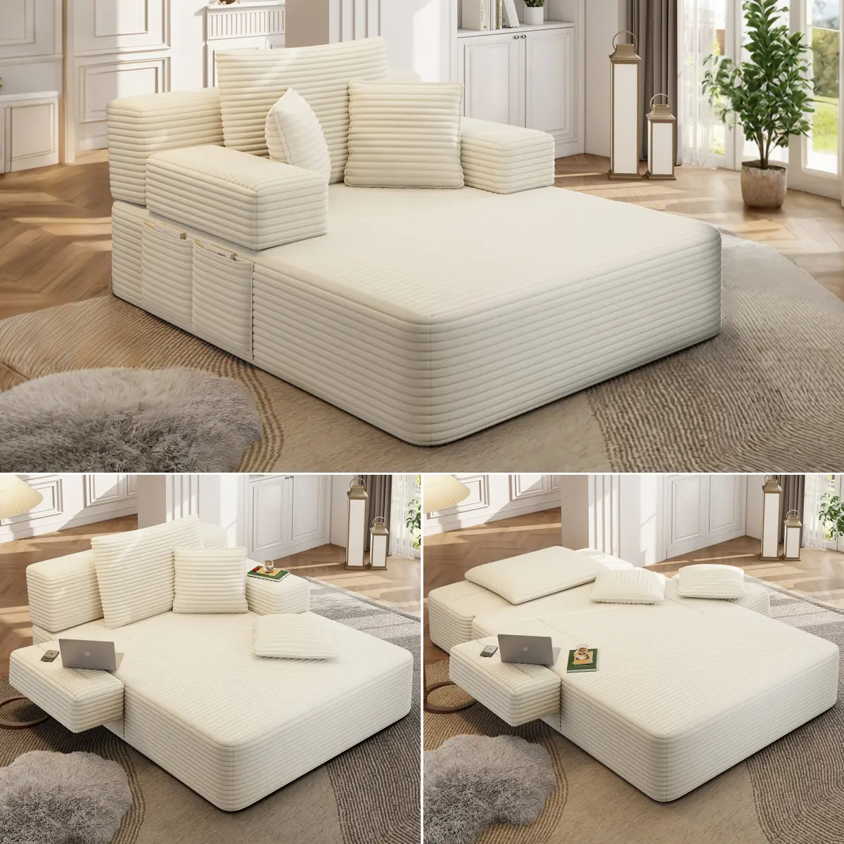Aobtkel Luxurious Plush Corduroy Futon Couch - Boneless Sofa Bed, 2-in-1 Square Full Sleeper, Oversize Curve Frameless Design, 3 Pillows, Compression Foam, Storage Pocket, 300lb Capacity, for Small Spaces, Living Room
