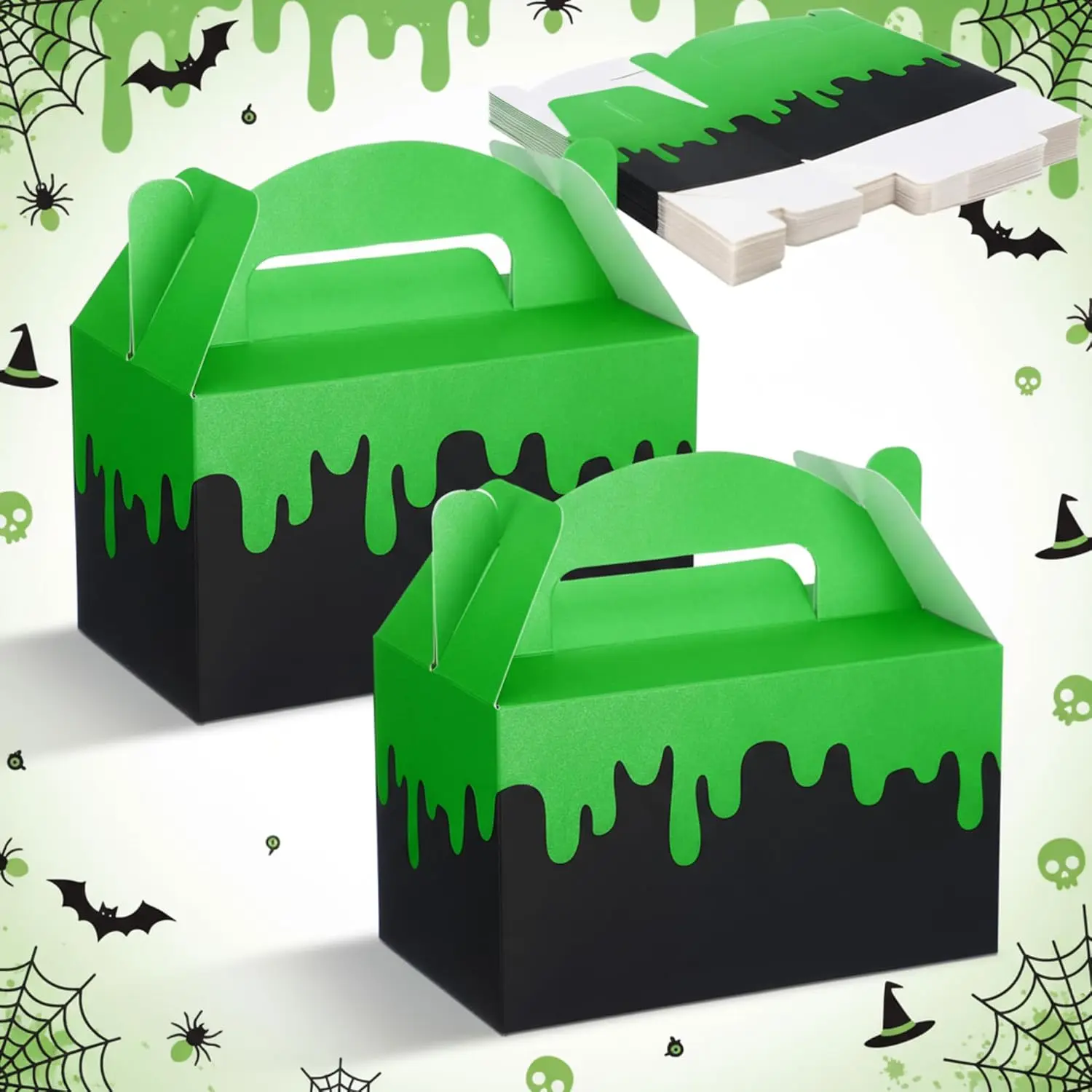 24 count  Party Boxes  Theme Goodie  Boxes Green and Black  Themed Container with Handles for Halloween Zombie Party Supplies Favors