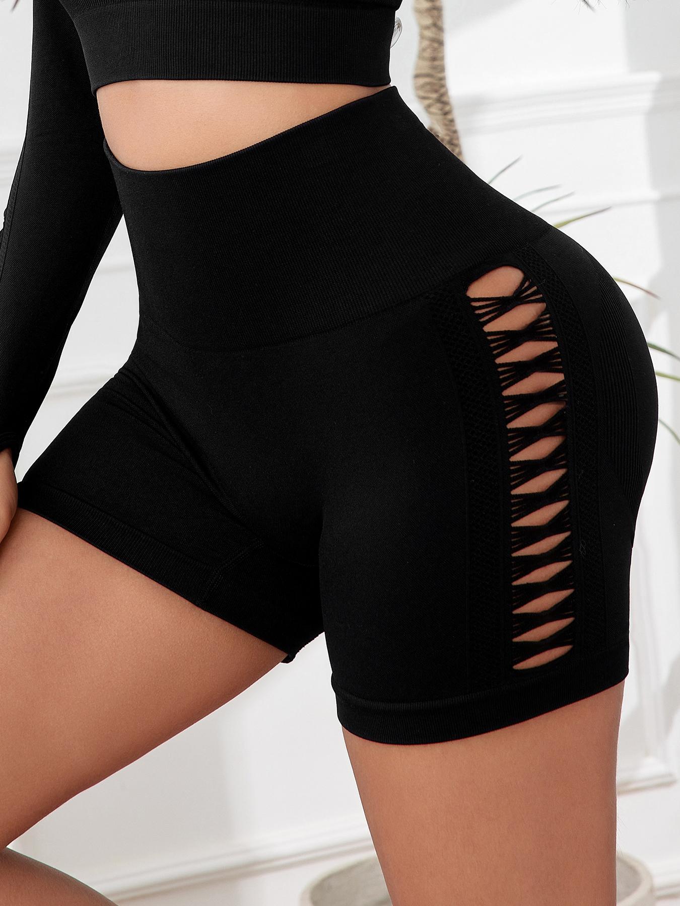 Women's Solid Color Cut Out Gym Shorts, Workout Impact Shorts, Breathable Comfortable Skinny Shorts for Yoga Gym Workout, Ladies Sportswear for Summer