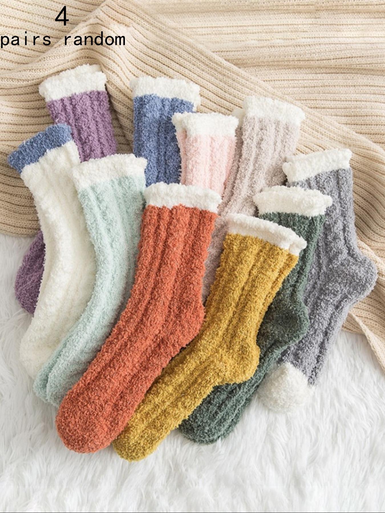 Women's Colorblock Fuzzy Fitted Crew Socks, Soft Comfy Warm Elegance Chic Mid-calf Socks for Fall & Winter, Polyester Women's Socks for Daily Wear, Cold Weather Gear Womenswear Lady
