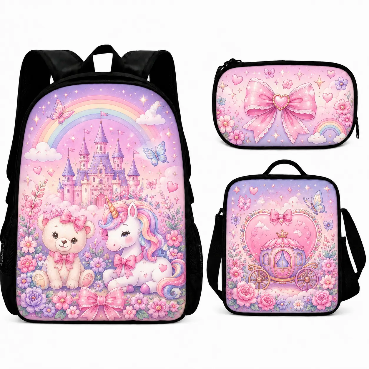 Girls 3-Piece Polyester Backpack Set - Backpacks for School with Lunch Bag, Pencil Case, Cute Theme Princess Print, Pink Castle Bow, Lightweight Prop 65 Safe Daypack for Preschool/Kindergarten, Back to School Gift