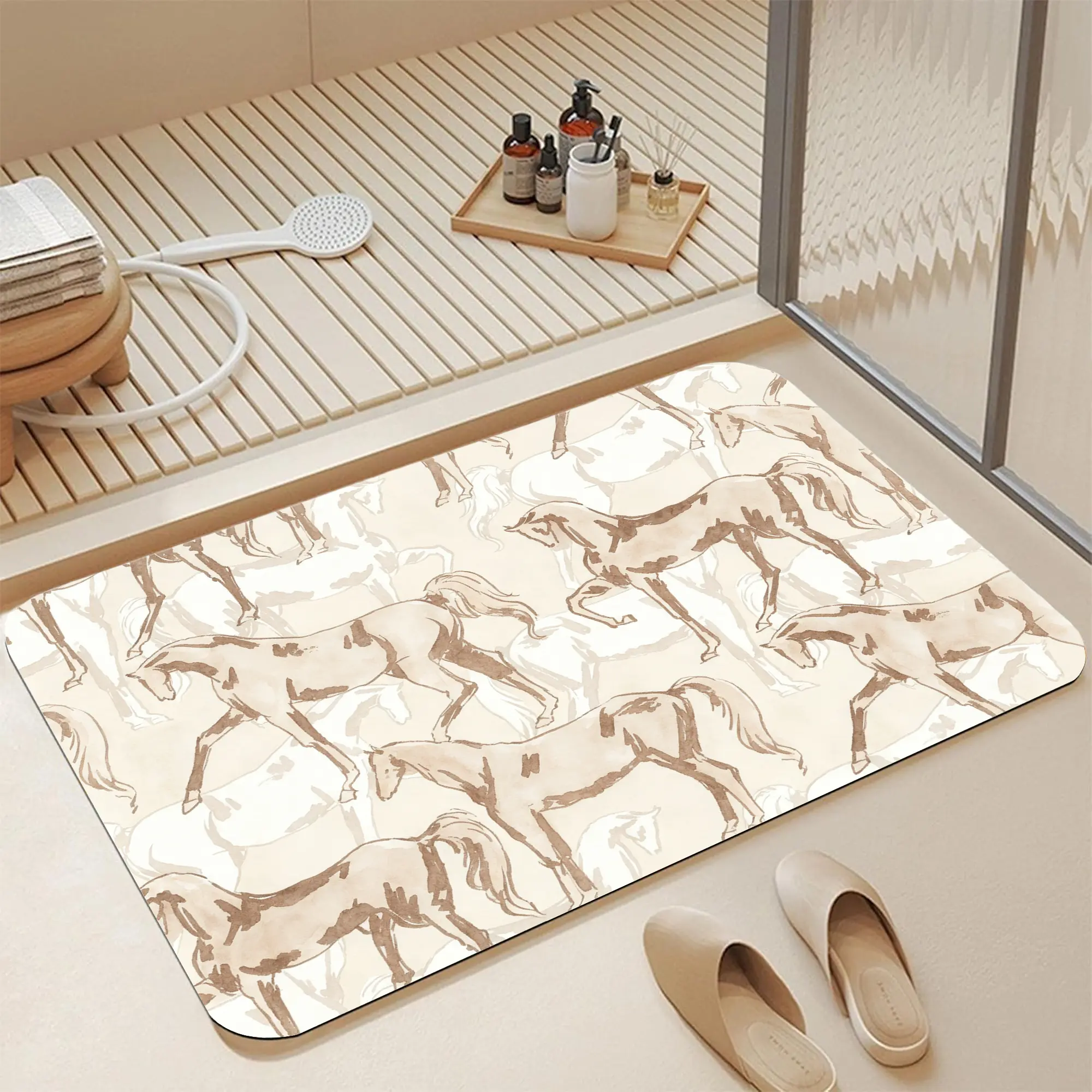 16*24" Warm Sepia Watercolor Running Horse Sketch Diatomite Bath Mat |   Quick Dry Non Slip Vintage Equestrian Animal Seamless Print Diatomaceous Earth Bath Mat Fast Water Absorbent Neutral Farmhouse Horse Themed Shower Rug vintage equestrian art quick dr