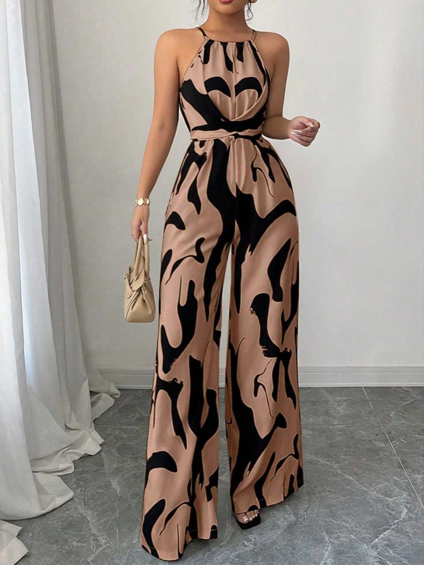 Women's Elegant Abstract Bodycon Jumpsuit, Sleeveless Summer, Fitted Style for Parties & Formal Events, Moderate Fabric Thickness