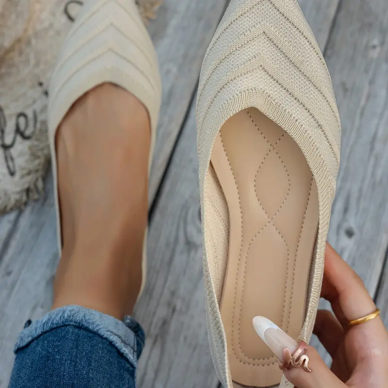 Women's Pointed Toe Knit Flat Shoes, Breathable Stretch Slip-On, Casual Daily Walking Ballet Flats, All-Season Lightweight Textile Shoes, Fabric Upper, Rubber Sole, Flat Footwear