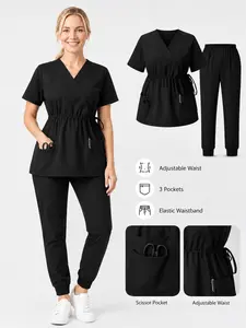 Comfortable Medical Scrub Set for Women, Nurse Uniform Short Sleeve Top & Pants, Large Pocket, Breathable Elastic Workwear