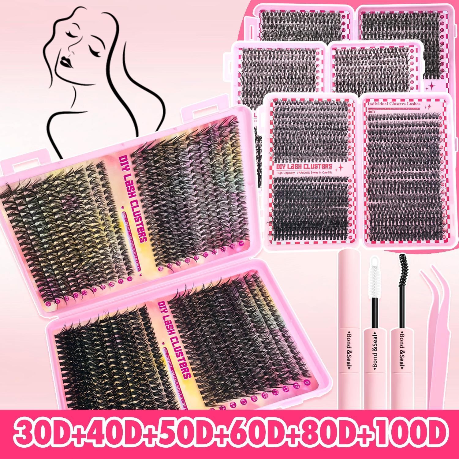 800/740/200pcs Eyelash Extension Kit, Fluffy Lash Extension Set with Lash Bond & Seal, Lash Tweezers and Thick Lash Clusters, Wispy Individual D-Curl Lashes with Eyelash Glue & Tweezers, Eyelash Tools, Cosmetic (30D/40D/50D/60D/80D/100D Mixed, 9-16mm)