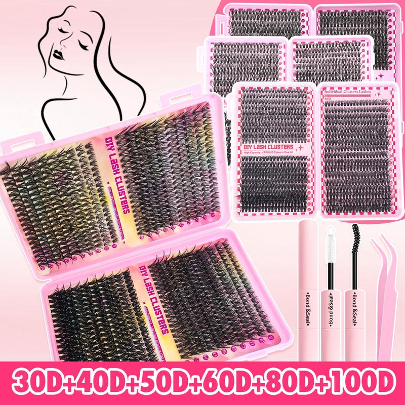 800/740/200pcs Eyelash Extension Kit, Fluffy Lash Extension Set with Lash Bond & Seal, Lash Tweezers and Thick Lash Clusters, Wispy Individual D-Curl Lashes with Eyelash Glue & Tweezers (30D/40D/50D/60D/80D/100D Mixed, 9-16mm)