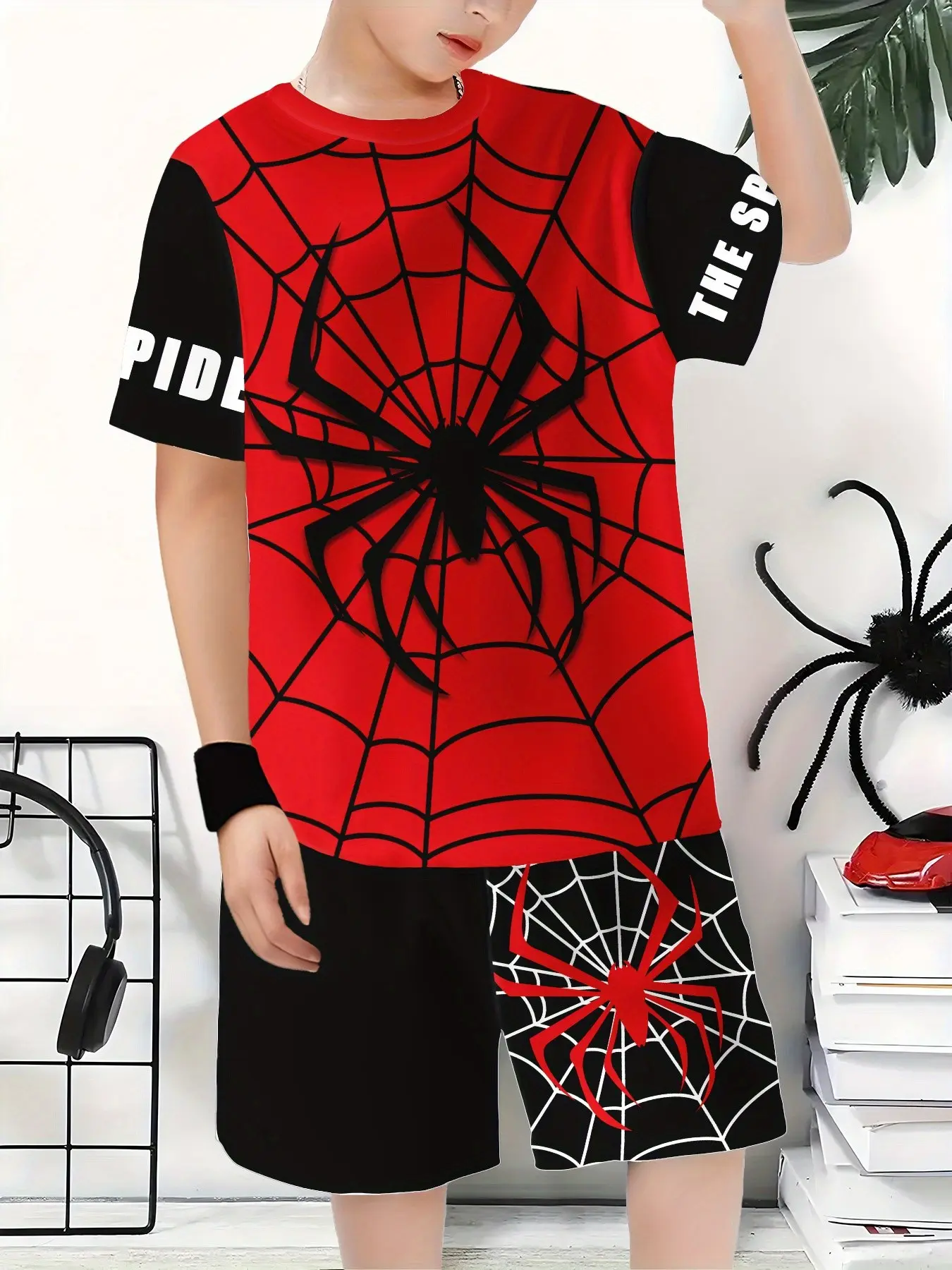 Boys' Summer Two-Piece Sports Set, Spider Web Pattern, Letter Print Round Neck Short Sleeve T-Shirt, Elastic Waist Shorts, Casual