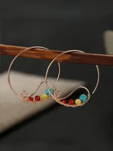 Bohemian Style Fashionable Colorful Round Bead Large Circle Pendant Earrings, Handmade Copper Jewelry Suitable for Travel and Vacation, A Romantic Gift for Women