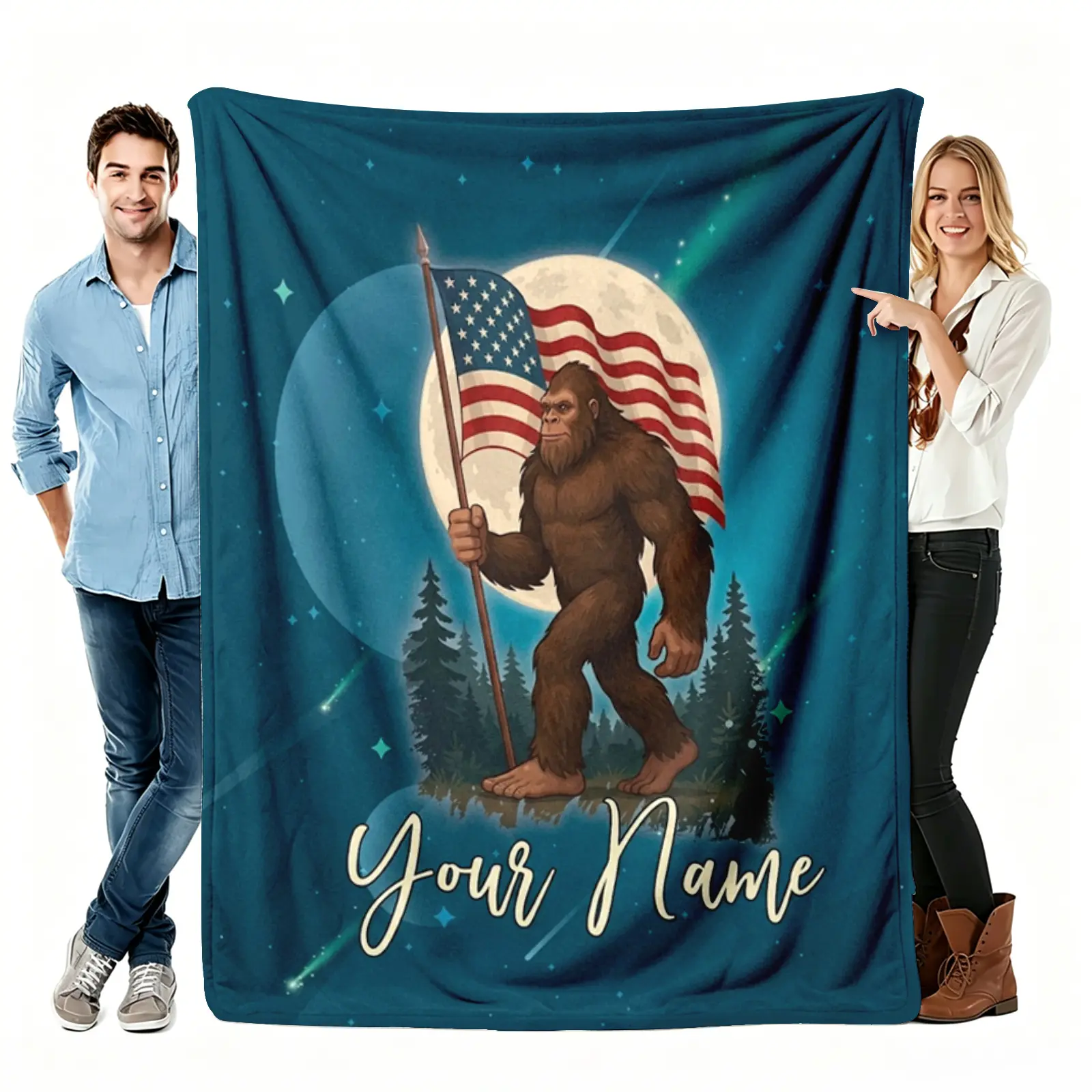 Patriotic Bigfoot Flannel Throw Blanket, Quilted American Flag Starry Night Custom Name Soft Cozy Warm Blanket, Personalized Gift for Men Him Dad Outdoor Lovers, Birthday Father's Day Camping Decor, Couch Bed Office Nap holiday