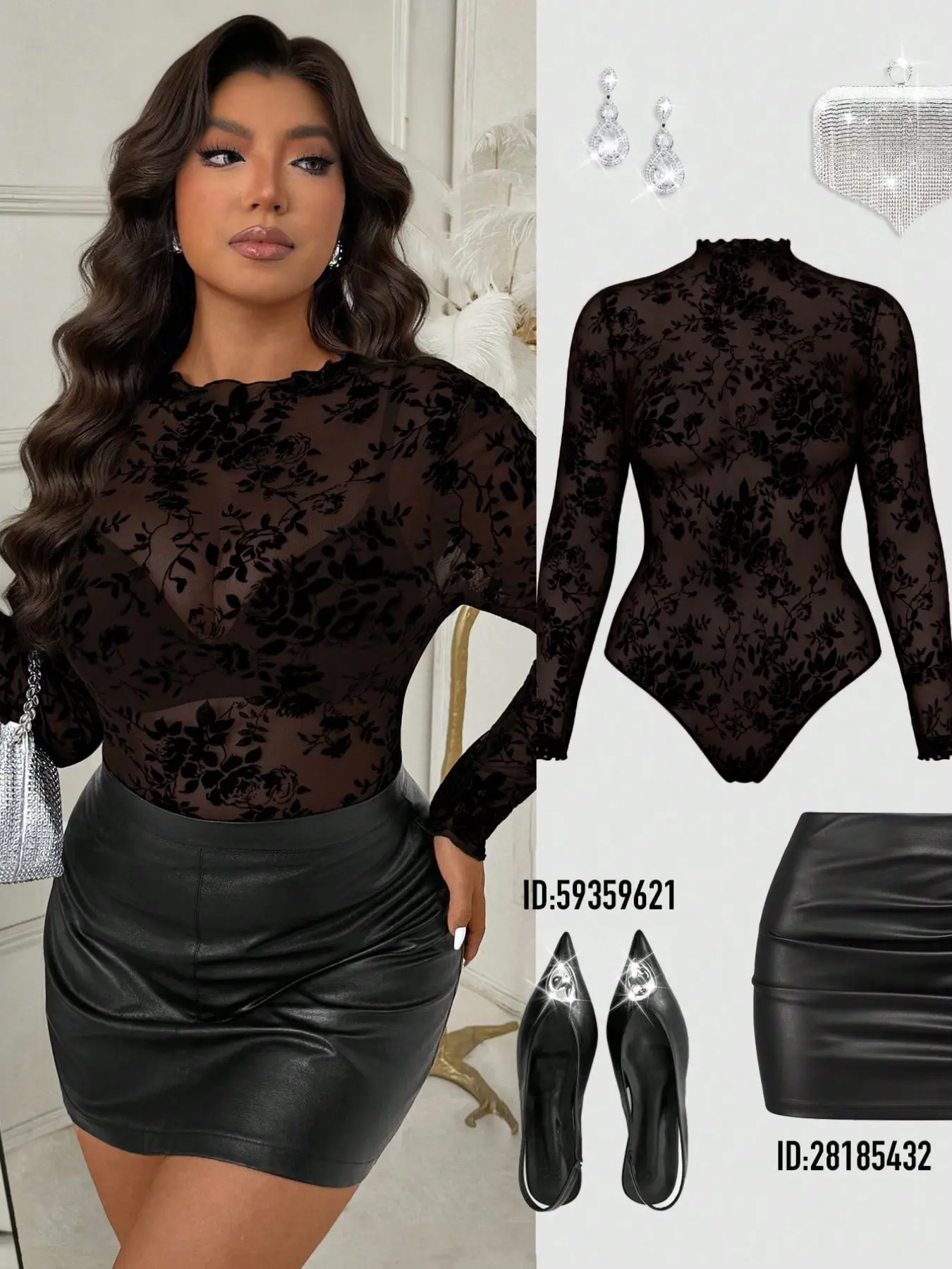 Women's Plus Size Floral Velvet Mesh Bodysuit, Long Sleeve Peter Pan Collar Half High Neck Sheer Sexy Slim Fit Lace Top Bodysuits Women