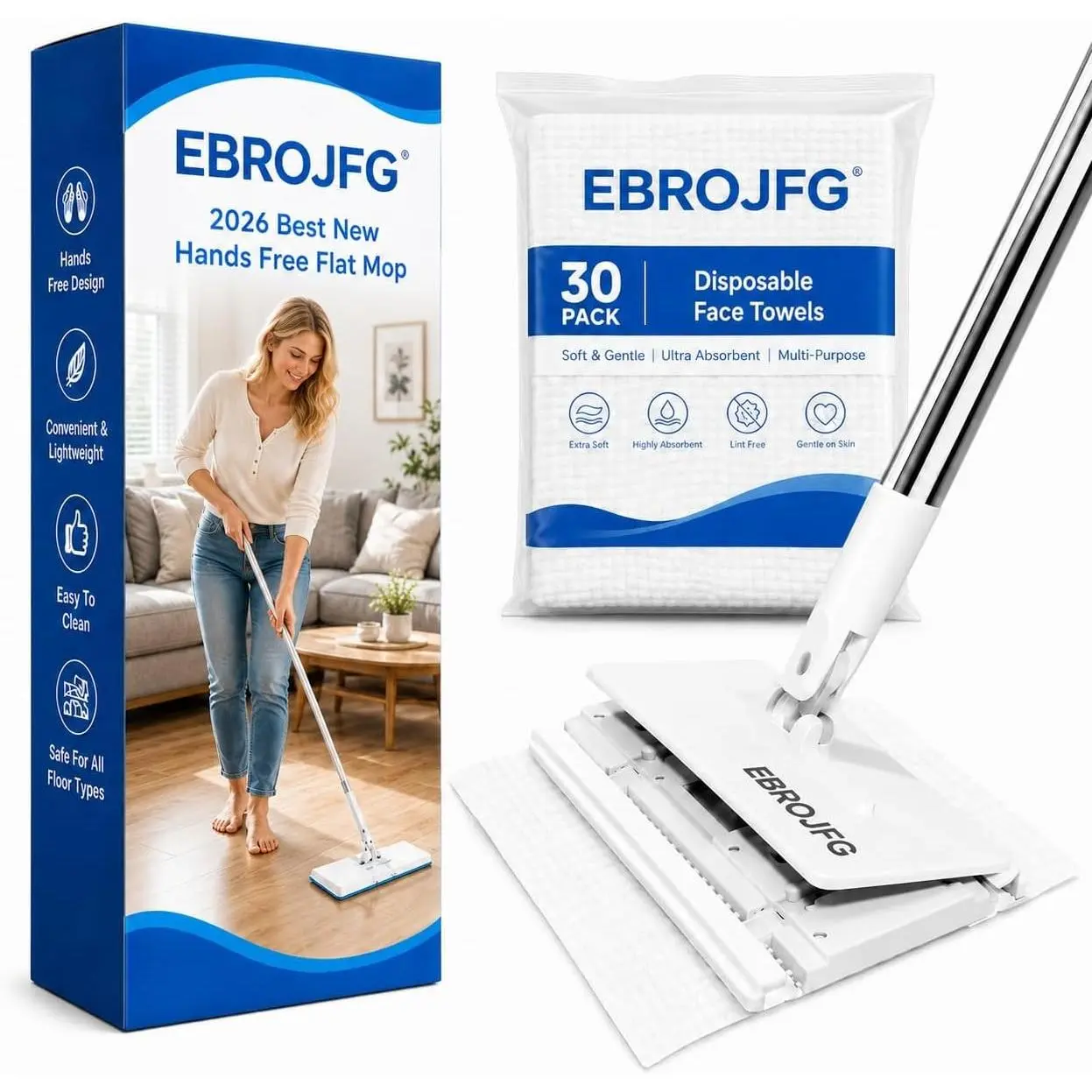 Hands-Free Flat Floor Mop and Sweeper Kit - Durable Cleaning Tool for Hardwood, Tile, Marble & Laminate Floors, 360 Swivel & Adjustable Aluminum Handle (Includes 30 Dry Cloths)