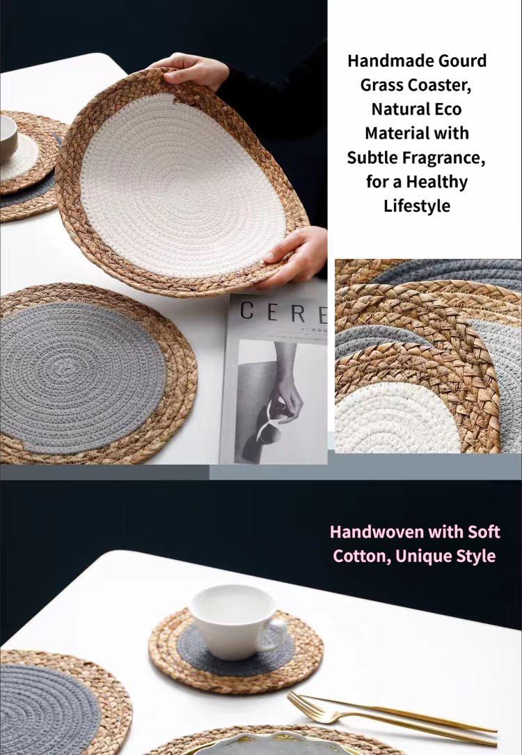 Warm-toned natural grass woven placemats, cotton rope heat-insulating placemats, decorative forest-themed coasters and plate mats