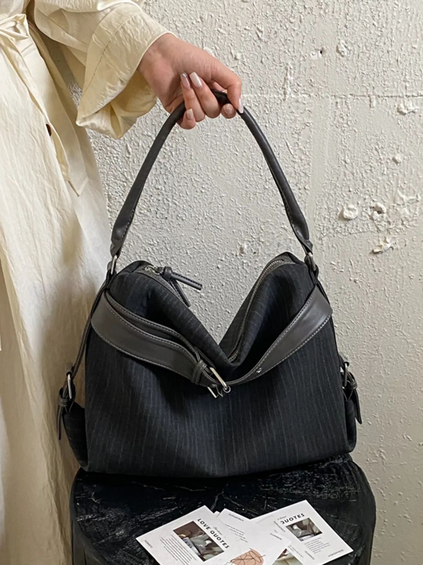 1Pc Dark Grey Vertical Stripe Hobo Shoulder Bag Retro Fabric Handbag with Decorative Buckle Belt, Portable Top Handle and Detachable Adjustable Crossbody Strap, Large Capacity Casual Bag For Daily Commute, Shopping and Street Styling, Casual Commuter Bag