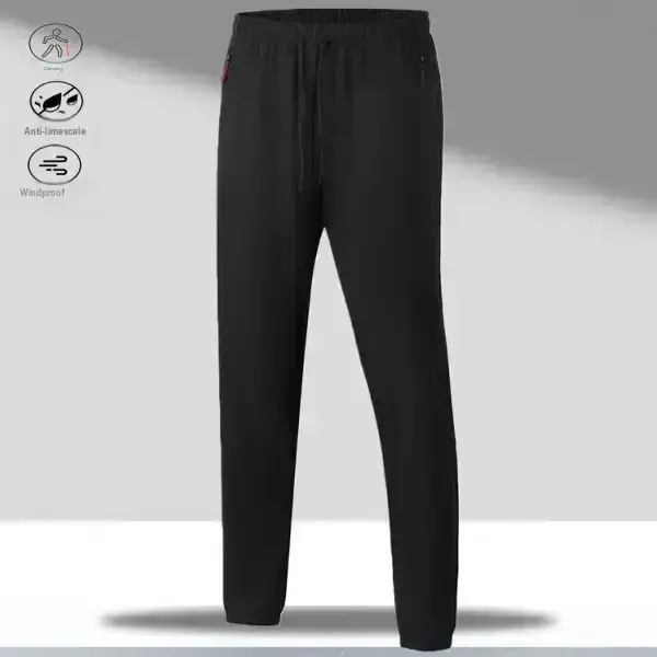 Menswear Effortless Ankle Athleisure Button Free Men's Ice Silk Plain Trousers Casual Loose Fit, Drawstring Waistband, Side Zipper Pockets, Elastic Cuffs, Cool Smooth Fabric for Summer, Father's Day Gift, Effortless Men's Pants