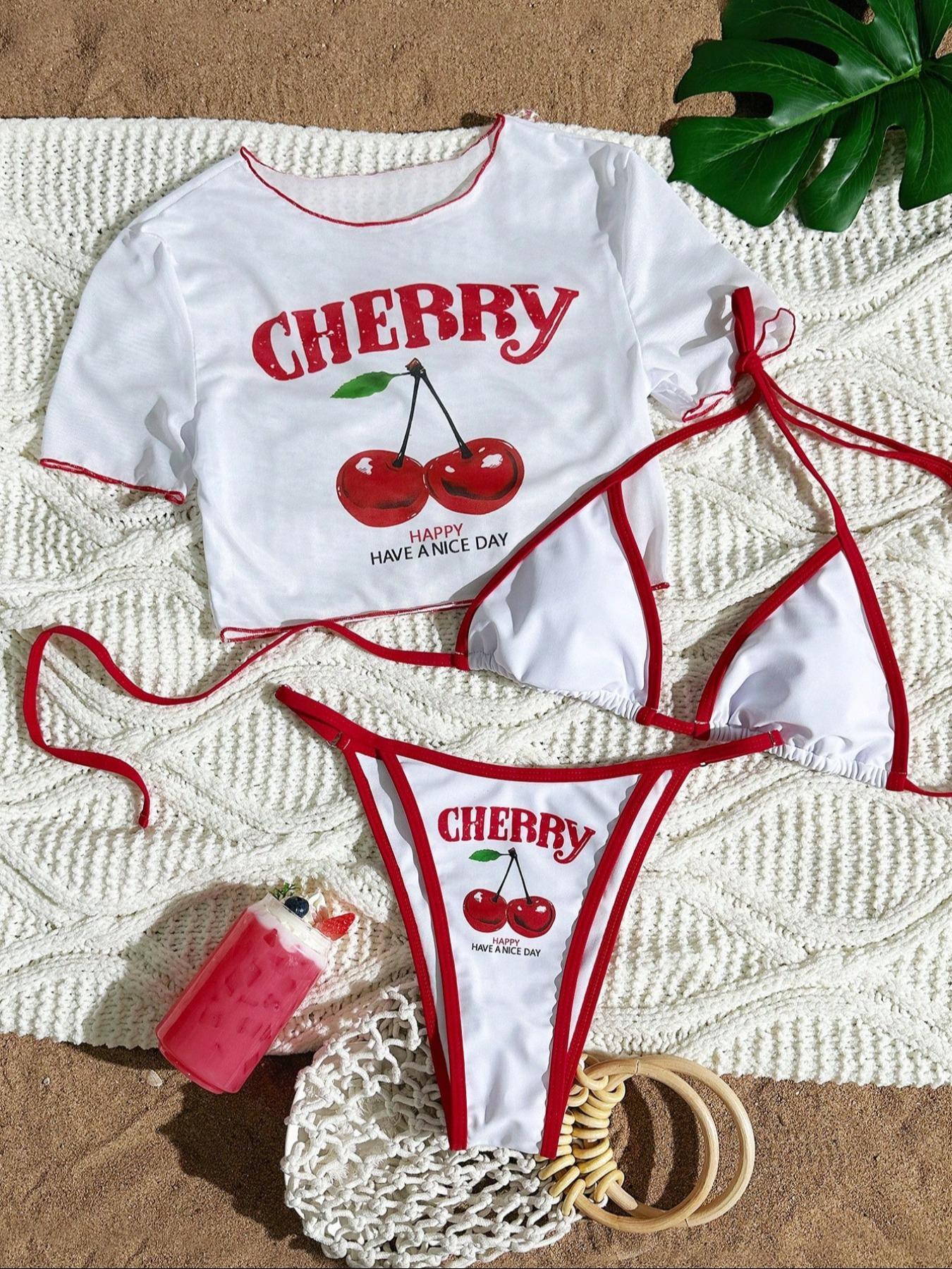 Women's Bikini Set Swimsuit Three-Piece Cherry Letter Print Mesh Chiffon Cover-Up, Perfect Summer Beachwear, Casual Fitted Style, All Seasons