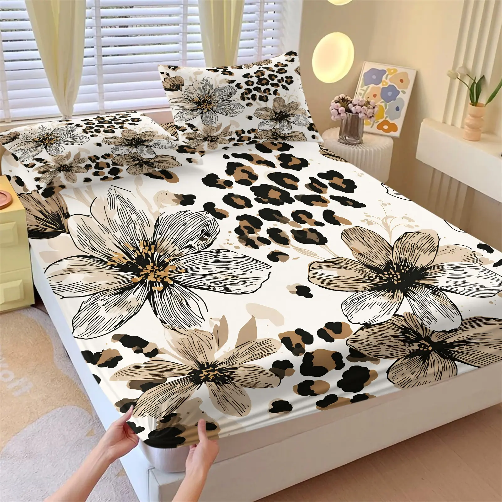 Bohemian Vintage Fitted Sheet & 2 Coreless Pillowcases, Hand-Painted Large Flowers Mixed With Classic Brown And Black Leopard Prints, Skin-Friendly, Breathable, Comfortable  Anti-Slip Deep Pocket Design,  Pastoral Floral And Animal Stripe Themed Decor