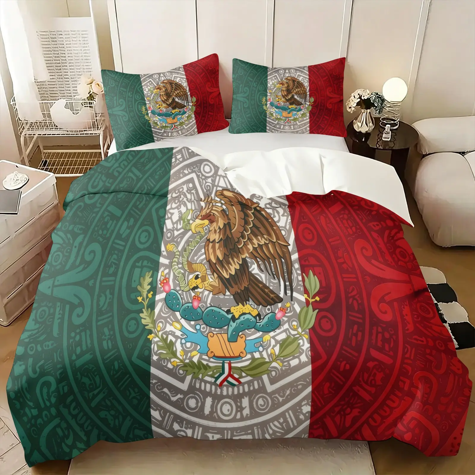 Mexican Flag Aztec Eagle Emblem Duvet Cover Set, 1 Duvet Cover + 1‑2 Pillowcases, Traditional Indigenous Culture Printed Bedding Set, Soft Microfiber All Season, Ethnic‑style Bedroom Decoration, Gift For Mexican Culture Enthusiast