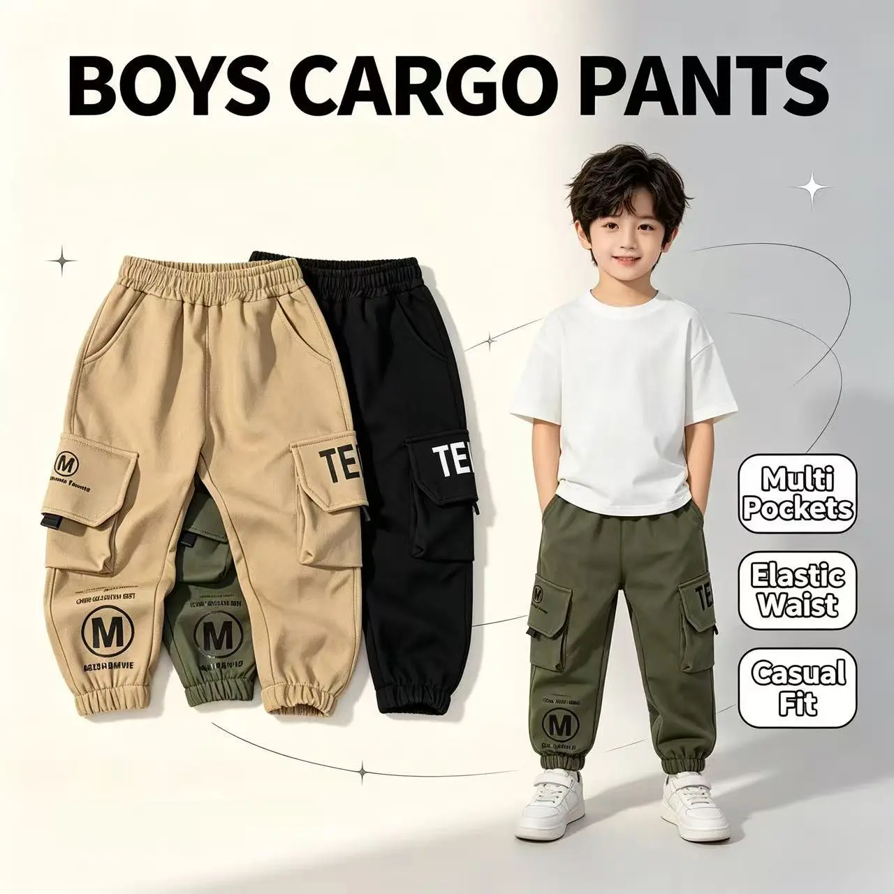 Boys' Work Pants - Elastic Waistband Pants Kids, Machine Washable Long Pants School, Playdates, Casual Attire - Durable Casual Trousers Active Boys, Playdate Clothing, Unique Text Design, Finish, Perfect Outdoor