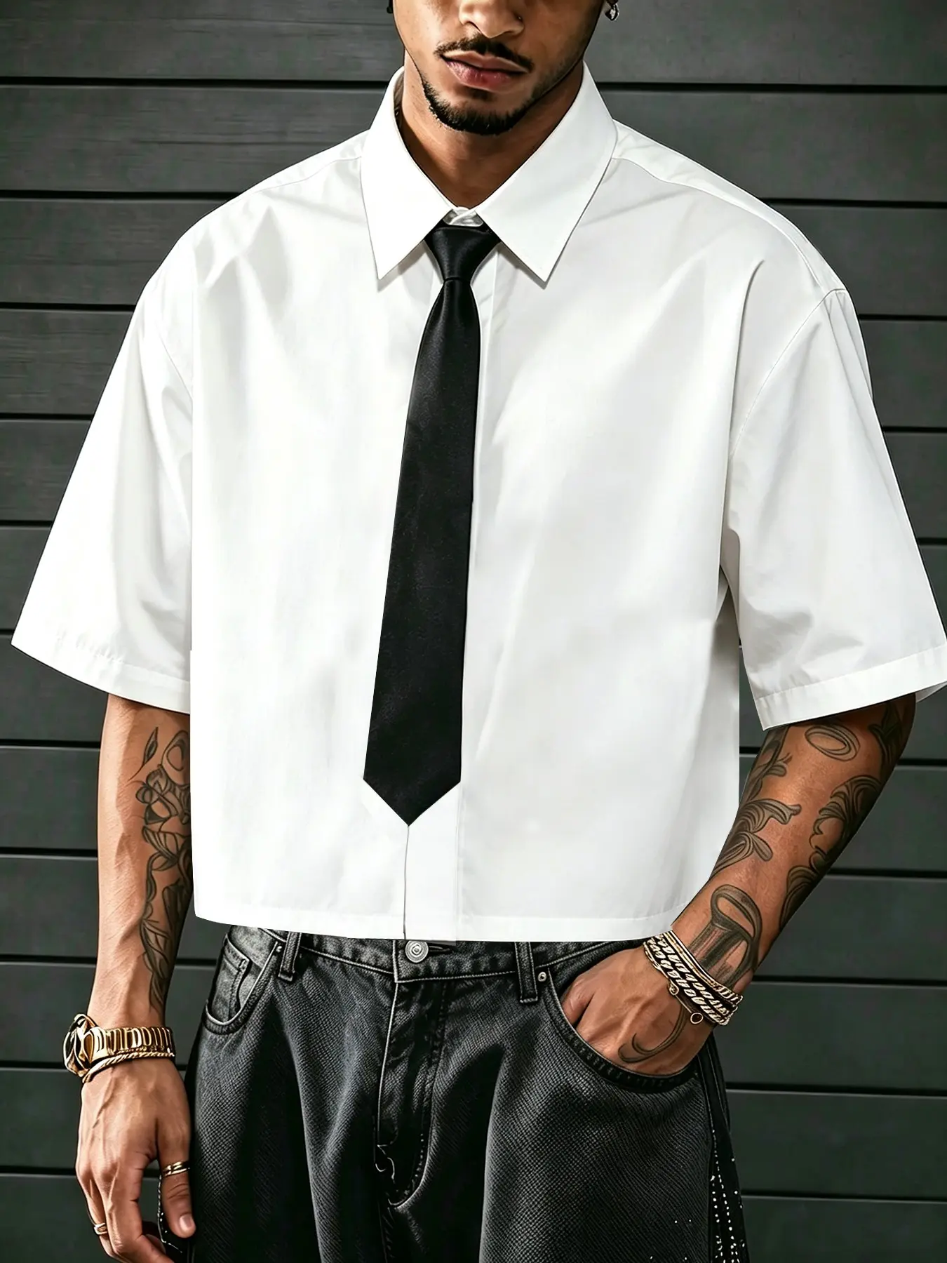 Men's Cleanfit Short Sleeve Shirt, Button Down Loose-Fit Casual College Commute Shirt, Solid Pattern, Includes Tie, Comfortable and Stylish, Plain