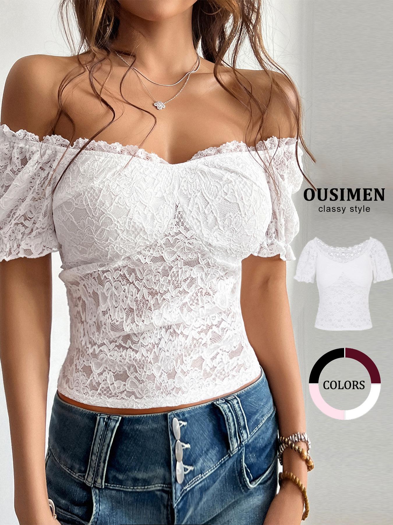 Women's Plain Floral Lace Sheer Blouse Shirt, Sexy Fashion Casual Off Shoulder Top for Daily Outdoor Wear, Women Clothing Womenswear for Summer, Summer Tops, Fit