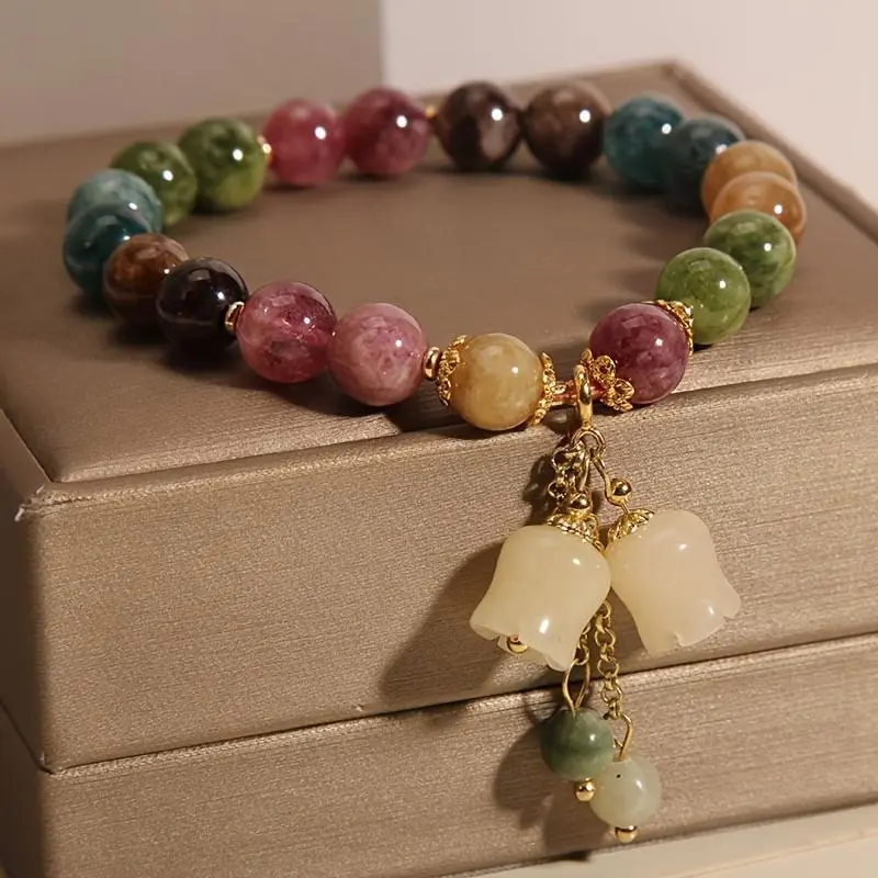 Women's Bohemian Beaded Stone Bracelet with Flowers Charm Pendant, Fashion Accessory for Outdoor Activities, Bangle