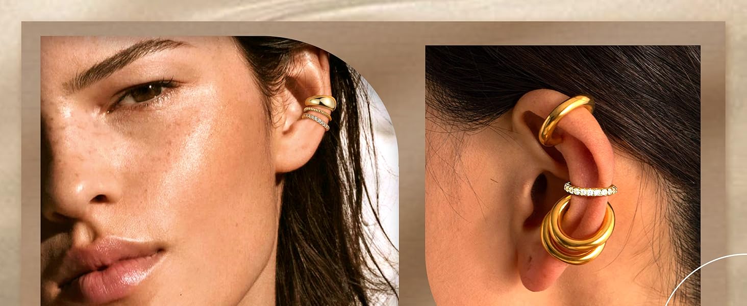 CASAIECA  14K Gold Plated Ear Cuff Earrings for Women Non Piercing - Hypoallergenic Ear Cuffs 14K Silver/Gold Plated Non Tarnish Clip on Cartilage Earrings Fake Earring Set Trendy Jewelry