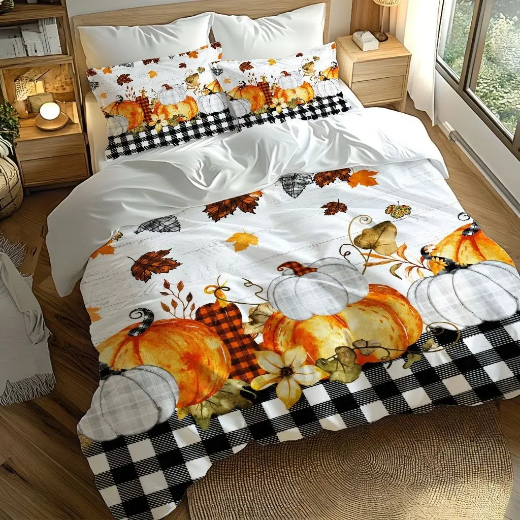 3Pcs Autumn Pumpkin Plaid Duvet Cover Set - Cozy Fall Harvest Bedding with Buffalo Check Design, Vibrant Leaf Print for Bedroom and Dorm Home Decor.