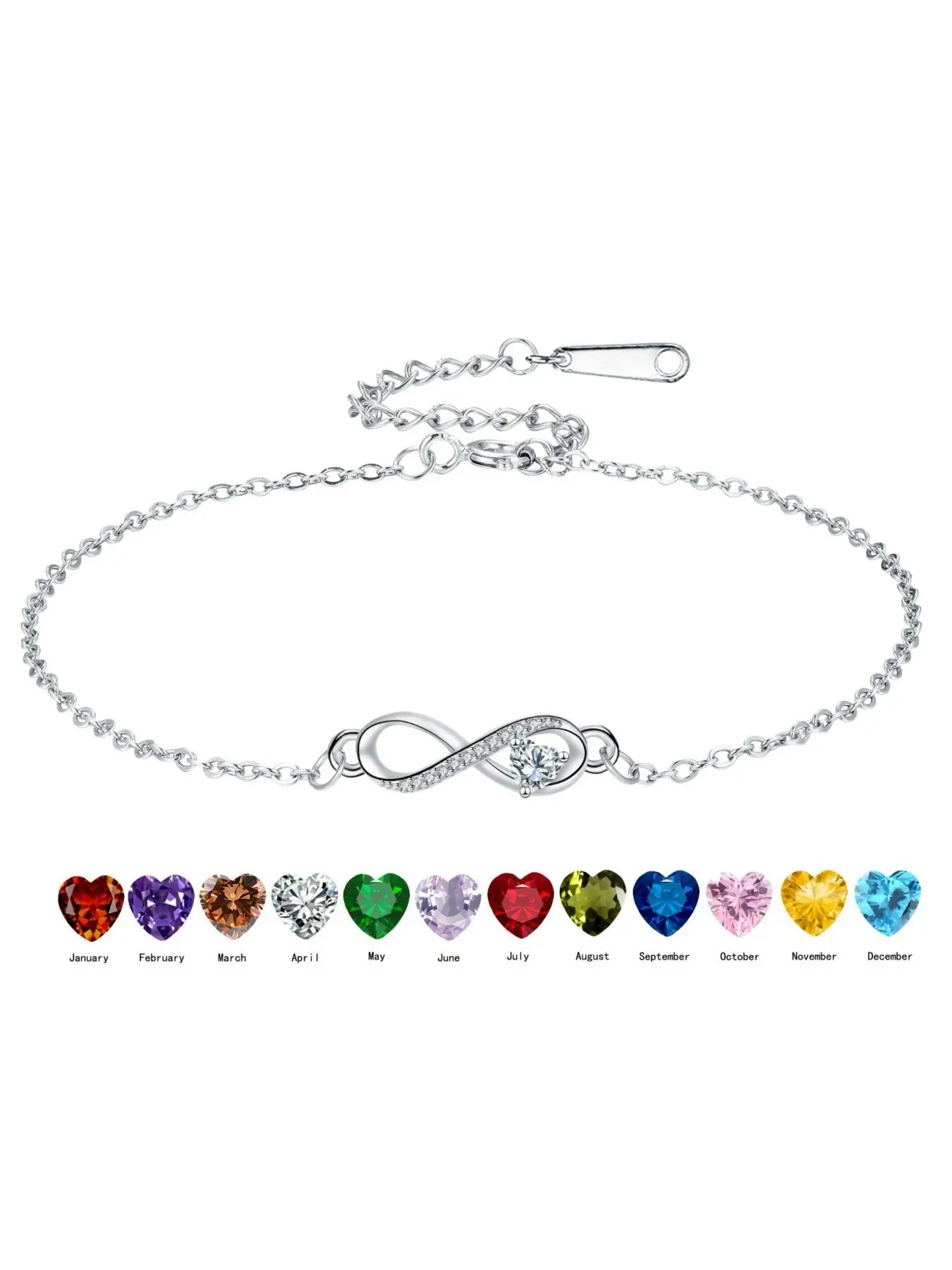 Infinity Birthstone Bracelet for Women, Heart CZ Charm, 12 Colors, Adjustable Endless Love Jewelry Gift for Mom, Wife, Daughter or Girlfriend, Charm Bracelets