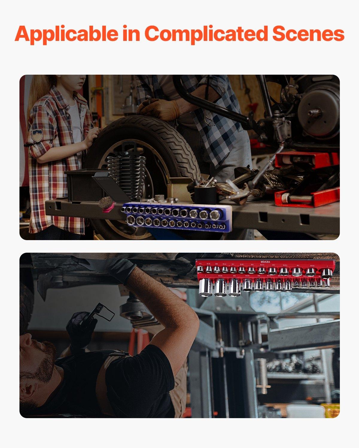 VEVOR Magnetic Socket Organizer Set, 6PCS Socket Holder, 1/4'', 3/8'' & 1/2'' Metric SAE Socket Trays with Clear Labels, Hold up to 143PCS Standard & Deep Sockets, Blue & Red (Sockets Not Included)