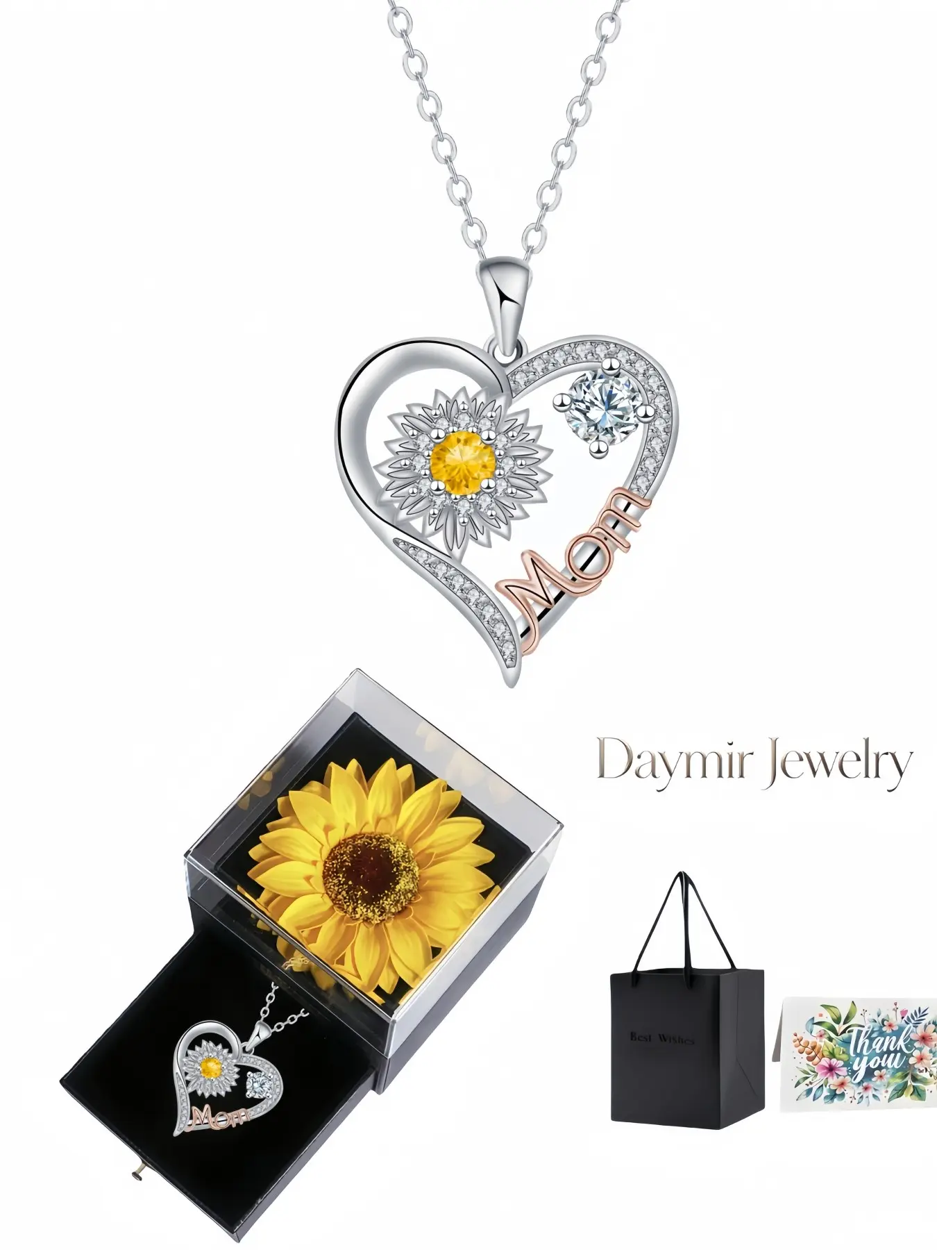 Warm Sun Mother Two-Tone Choker, luxury rose gold sunflower Mom pendant with sparkling gemstones. Packaged in preserved sunflower jewelry box, a thoughtful holiday gift for birthdays, Mother’s Day, Valentine’s Day and Christmas.
