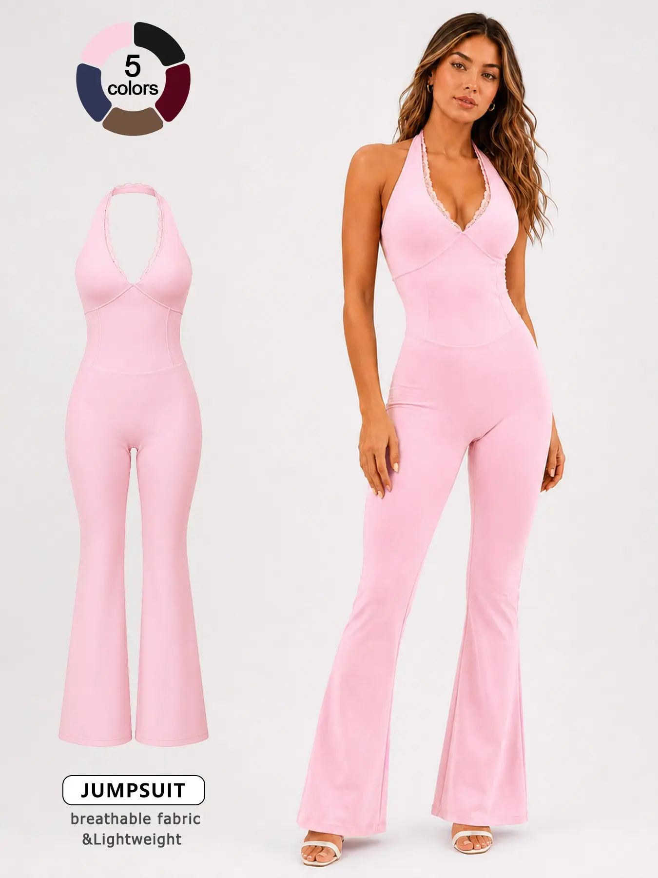 Women's One Piece Loungewear Jumpsuit, Sleeveless Yoga Jumpsuits, with Built In Bra and Removable Pads Lace Trim Straps Backless Bodysuit Cooling Breathable Four Way Stretch Yoga Jumpsuit for Vacation Going Out Travel Solid Color Casual Pajamas