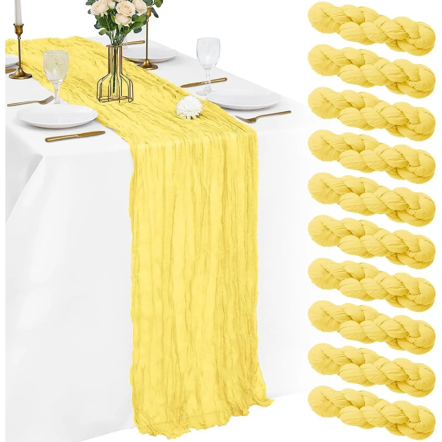 10 Pack Light Yellow Cheesecloth Table Runner 21x120 Inches Boho Gauze Table Runners, Rustic Semi Sheer Cheese Cloth Fabric for Easter Wedding Party Baby Shower, Long Vintage Table Runner for Dining