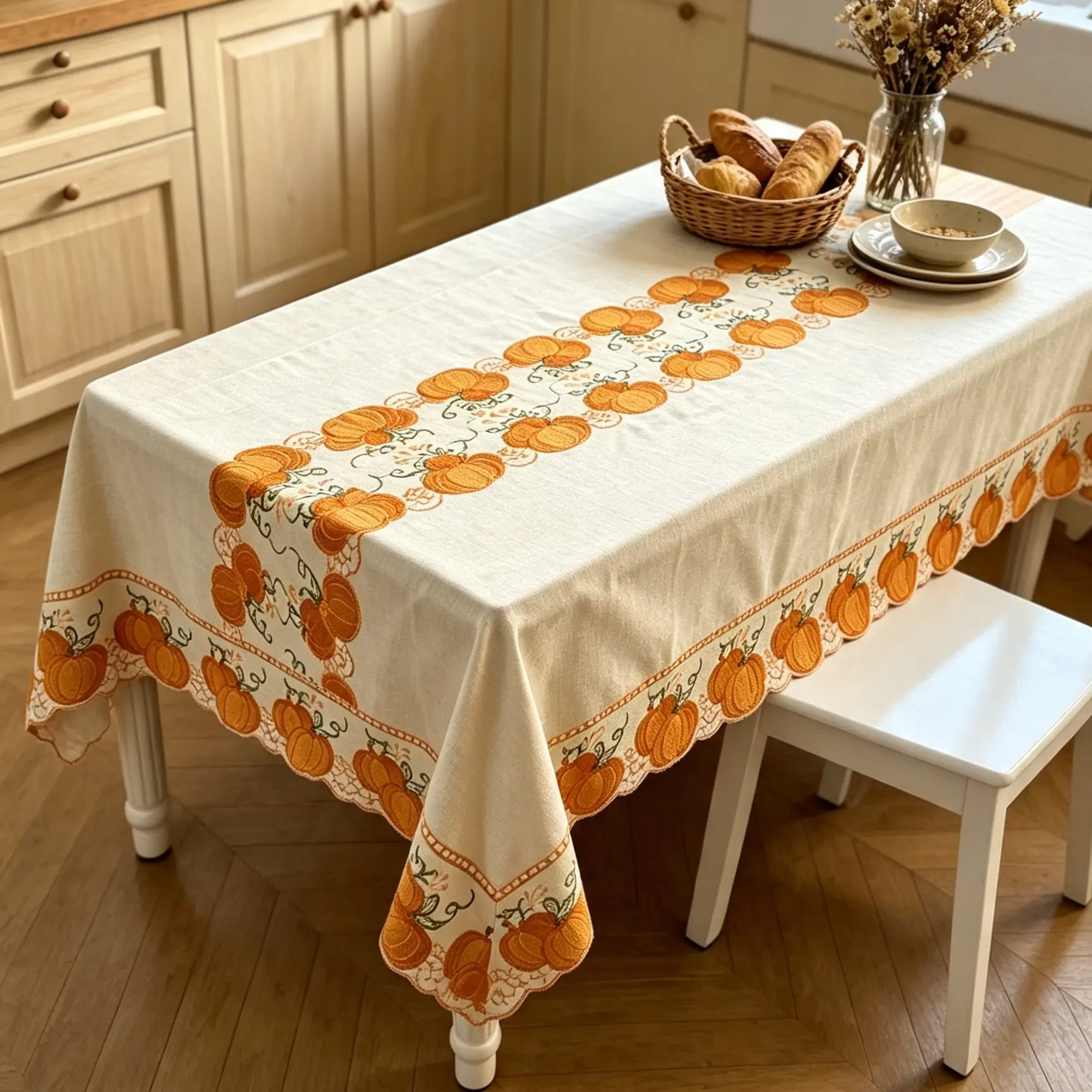 Autumn Pumpkin Embroidered Cotton Linen Tablecloth, American Country Harvest Dining Tablecloth, Thanksgiving Vintage Farmhouse Home Decor Rectangular Table Cover