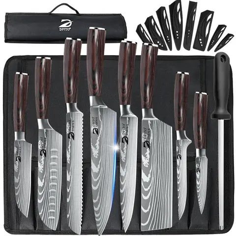 MDHAND Professional 9-Piece Knives Kitchen Set - High Carbon Stainless Steel Japanese Retro Blades, 2x Harder Steel, Ergonomic, Rustproof, Scratch Resistant, Less Hand Fatigue, 3.5in Peeler, 7in Cleaver, Damascus Laser, Roll Bag