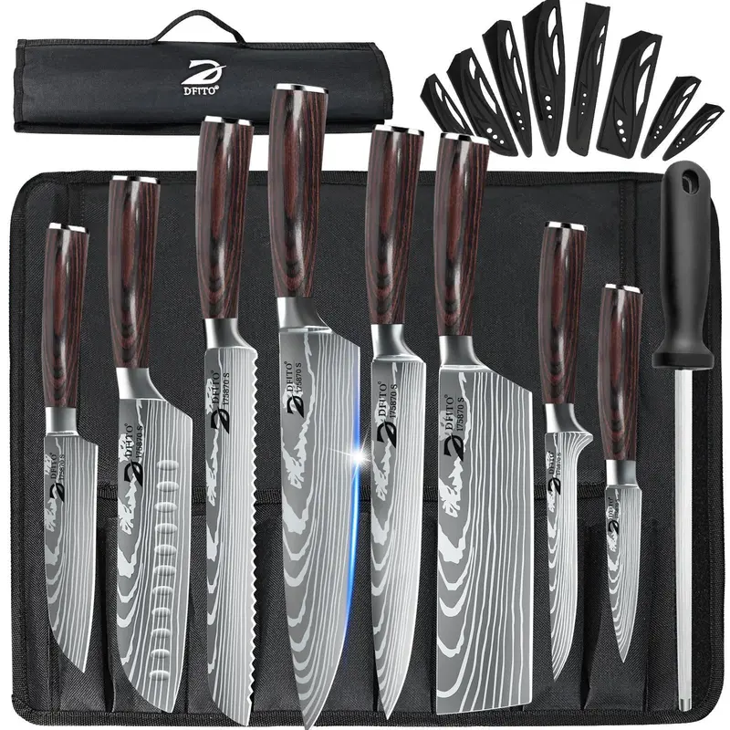 MDHAND Professional 9-Piece Knives Kitchen Set - High Carbon Stainless Steel Japanese Retro Blades, 2x Harder Steel, Ergonomic, Rustproof, Scratch Resistant, Less Hand Fatigue, 3.5in Peeler, 7in Cleaver, Damascus Laser, Roll Bag