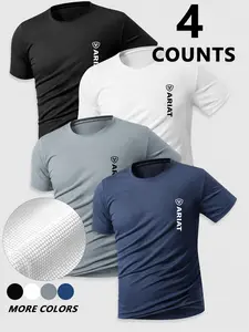 4-Pack Short Sleeve T-Shirts, Gym Training, Outdoor Hiking, Casual Commute, Ariat Letter Pattern, Soft Breathable Fabric, Unisex