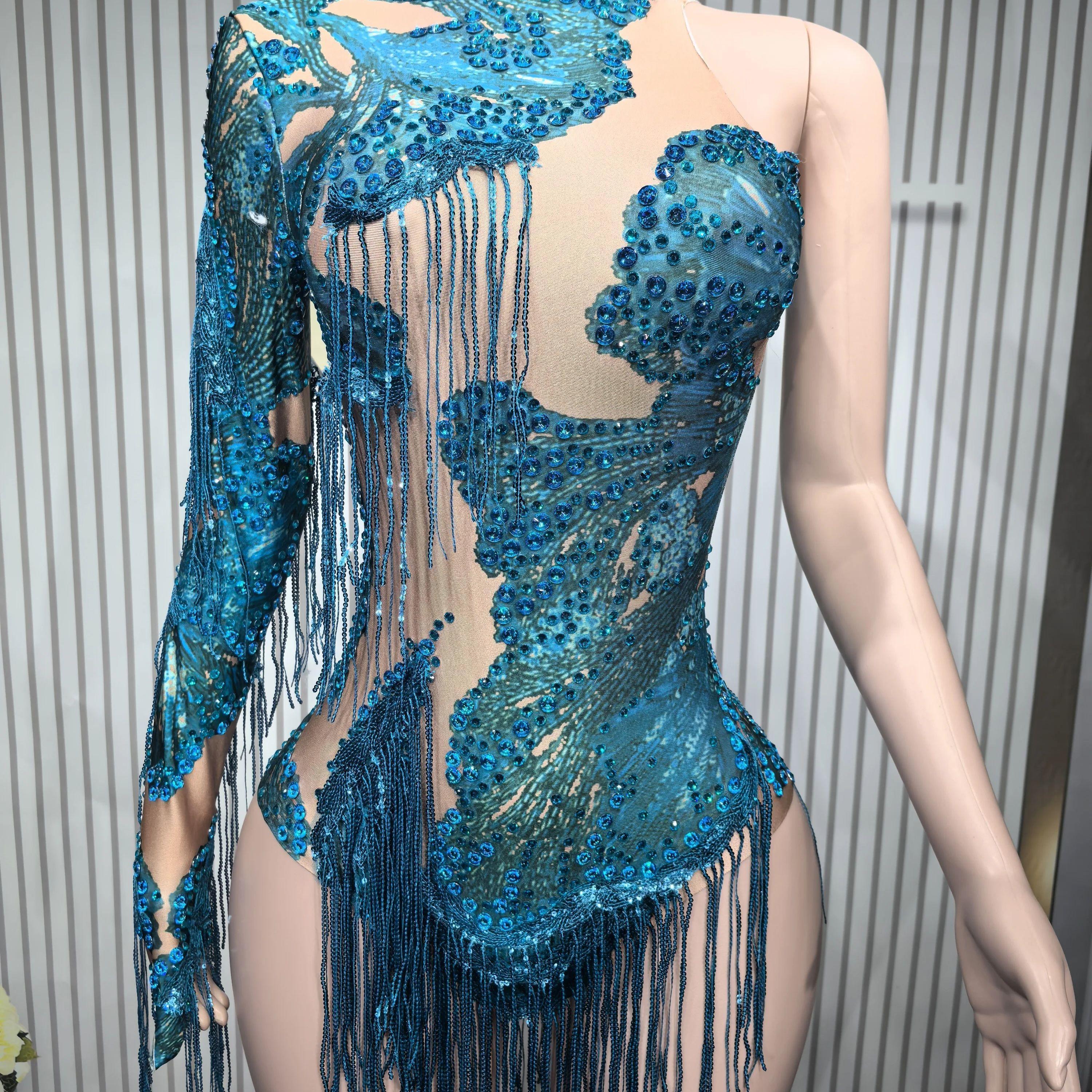 Gold Silver Sequins Tassel Elastic Bodysuit Sex)Pole Latin Dance Stage Wear Nightclub  DJSinger Dancer Performance Costume  Q025