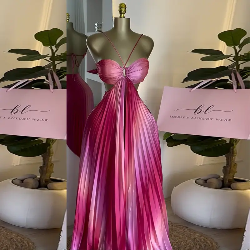 Women's Ombre Pink Pleated Maxi Dress, Casual Sleeveless Halter Neck with Waist Cutout for Summer Vacation Wear, Casual Wear, Lady