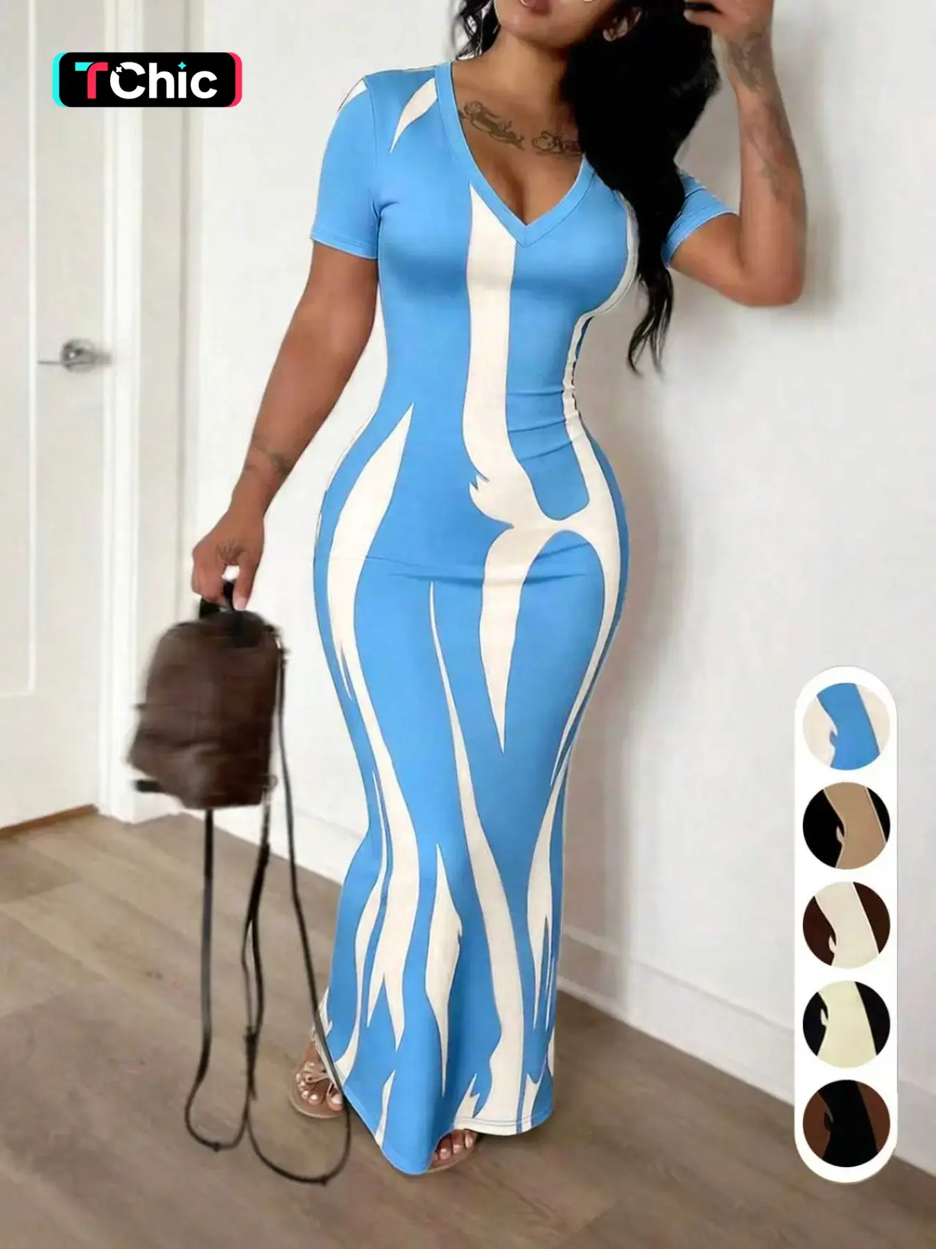 Bodycon Slimming Dress, European Style Sexy Mature Look, Deep V Short Sleeve Elegant Dress, Vintage Print Fitted Dress, Birthday Party Long Dress