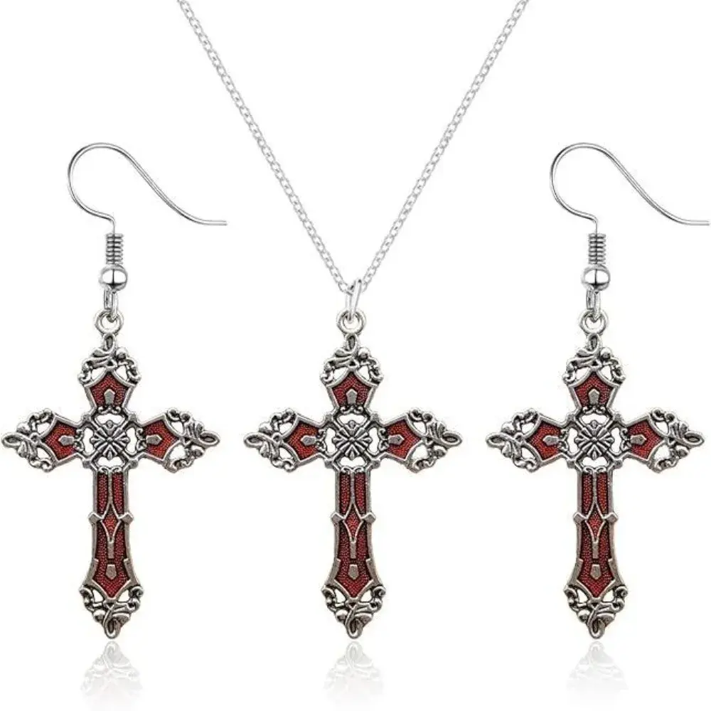 Gothic Cross Necklace & Earring Set, Baroque Hollowed-Out Vampire Jewelry for Halloween & Alt Fashion