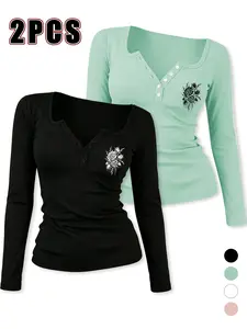 Women's Henry Neck Long Sleeve Top, Sexy Fitted Graphic Print, Spring & Fall Compression Wear, Casual Sweet Cool Style, Two-Piece Set
