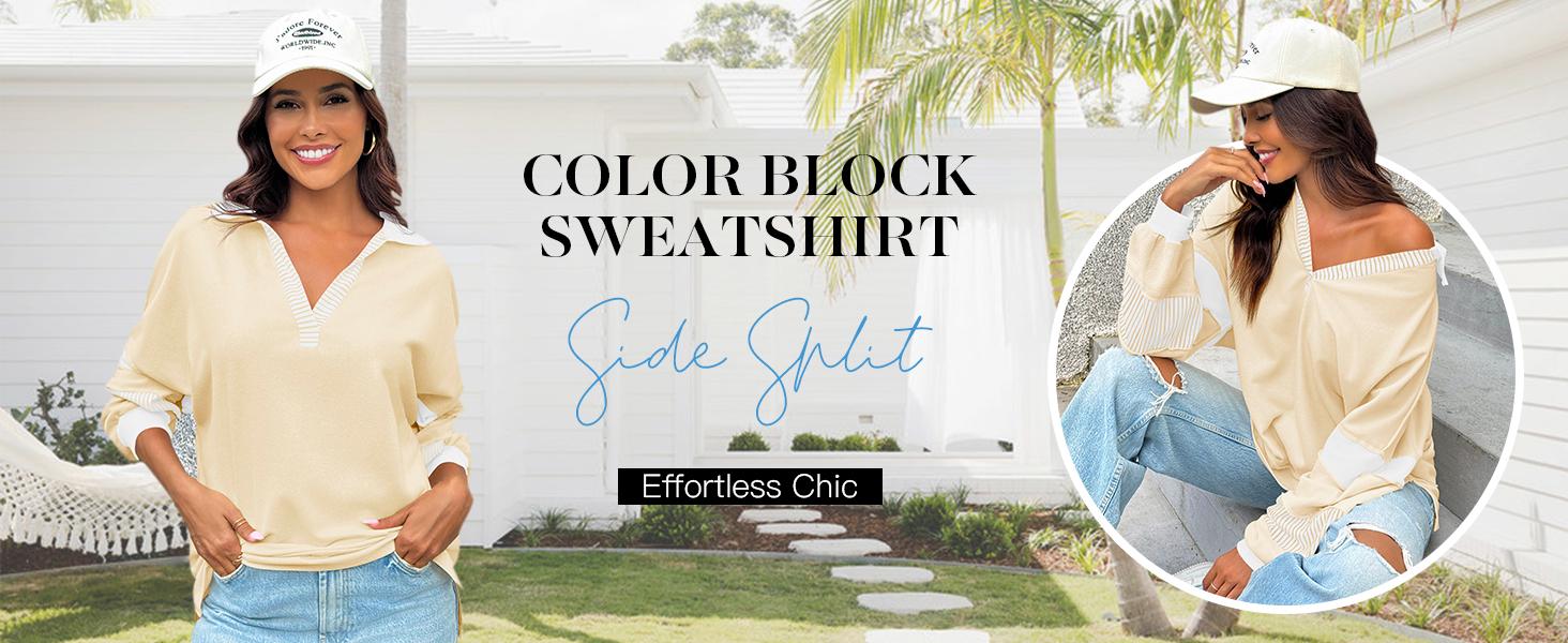 Imily Bela Womens Color Block Oversized Sweatshirt V Neck Long Sleeve Casual Loose Pullover Tops Imily Bela Womens Color Block Oversized Sweatshirt V Neck Long Sleeve Casual Loose Pullover Tops