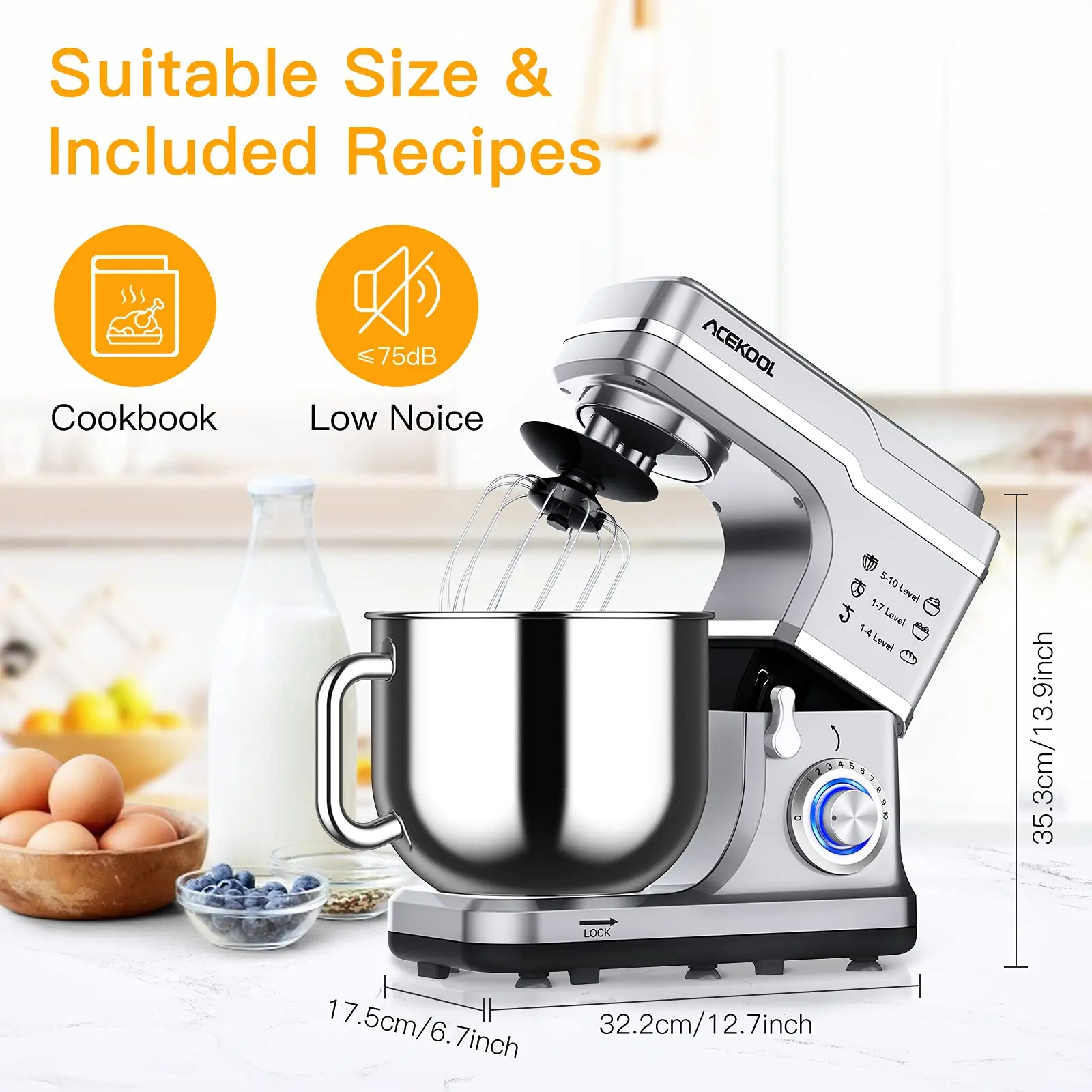 Garvee 660W Tilt-Head Stand Mixer, 7.5 Qt Stainless Steel Bowl - 10 Speeds - Dough Hook, Whisk & Beater - Splash Guard - Silver/Black