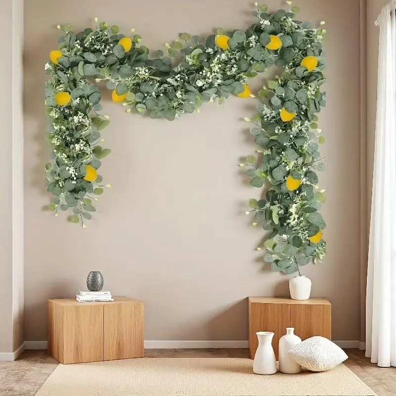 4-Pack Fresh Artificial Hanging Vines, Lemon Wreath with Eucalyptus Leaves, Plastic Floral Decor, Wall Fireplace Table Decor, Farmhouse Wedding Style