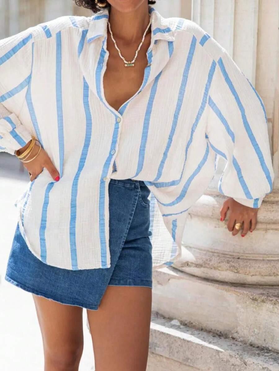 2026 European and American autumn and winter new long-sleeved button-up cardigan women's striped shirt women's vintage striped